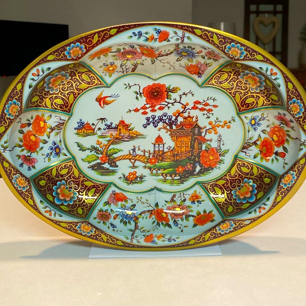 Daher Decorated Ware Oval Serving Bowl Asian Scene Pagoda Bridge Made in England